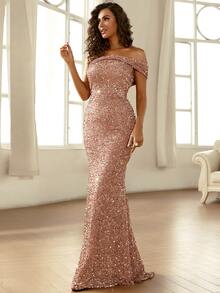 Missord One Shoulder Mermaid Hem Sequin Formal Dress - Champagne - View 3