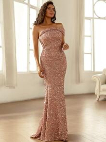 Missord One Shoulder Mermaid Hem Sequin Formal Dress - Champagne - View 4