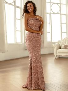 Missord One Shoulder Mermaid Hem Sequin Formal Dress - Champagne - View 5