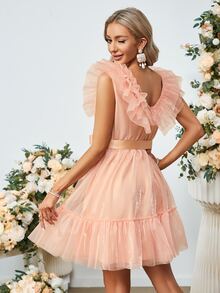 Simplee Ruffle Trim Belted Mesh Overlay Dress - Coral Pink - View 2