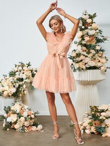 Simplee Ruffle Trim Belted Mesh Overlay Dress - Coral Pink - View 6
