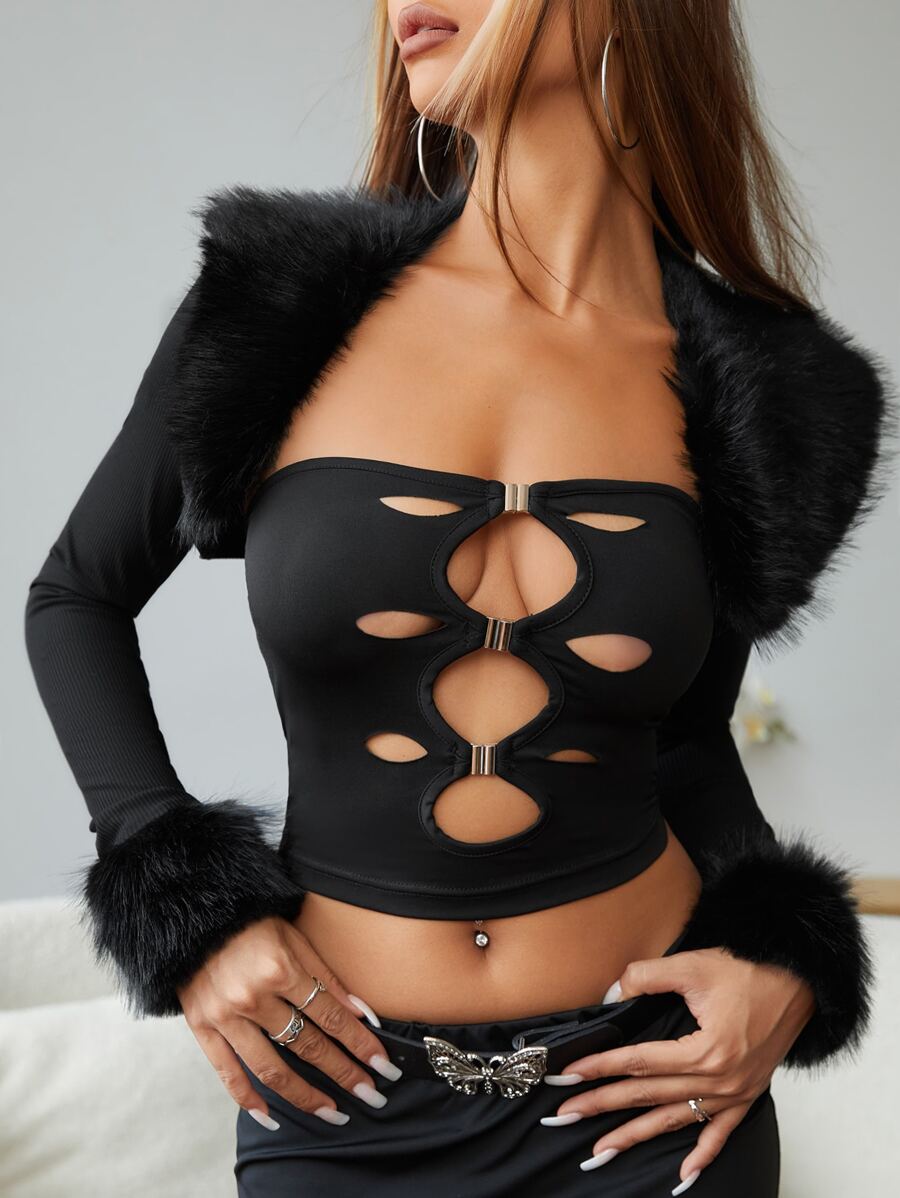 SHEIN ICON Áo nữ Tương phản lông thú giả màu trơn Hấp dẫn - màu đen - Xem 1