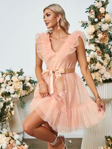 Simplee Ruffle Trim Belted Mesh Overlay Dress - Coral Pink - View 4