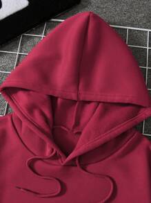SHEIN EZwear Heart Print Kangaroo Pocket Drawstring Thermal Hoodie - Burgundy - View 5