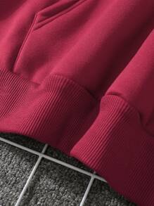 SHEIN EZwear Heart Print Kangaroo Pocket Drawstring Thermal Hoodie - Burgundy - View 4
