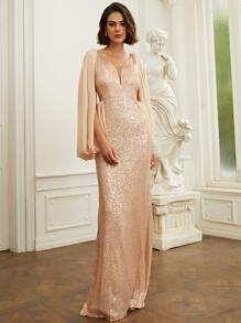 Missord Cloak Sleeve Sequin Formal Dress - Champagne - View 1
