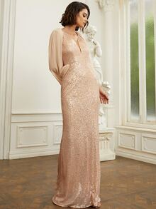 Missord Cloak Sleeve Sequin Formal Dress - Champagne - View 3