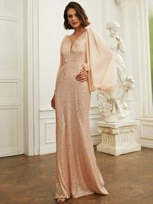 Missord Cloak Sleeve Sequin Formal Dress - Champagne - View 4