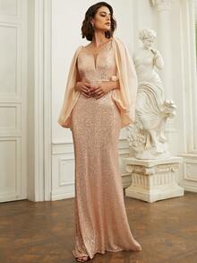 Missord Cloak Sleeve Sequin Formal Dress - Champagne - View 7