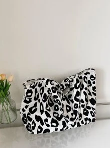 豹纹帆布购物袋书包，容量大，便携，适合少女、女大学生，非常适合返校、开学第一天、初中、高中、购物、度假，豹纹包 - 黑與白 - 查看 3