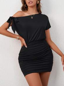 INAWLY Asymmetrical Neck Knot Detail Ruched Dress - Black - View 3