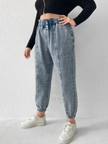 SHEIN EZwear Plus Elastic Waist Jogger Jeans - Light Wash - View 3