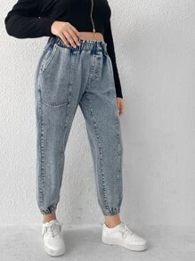 SHEIN EZwear Plus Elastic Waist Jogger Jeans - Light Wash - View 4