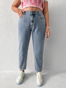 SHEIN EZwear Plus High Waist Mom Fit Jeans - Light Wash - View 1