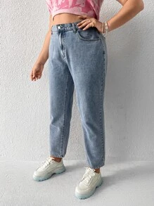 SHEIN EZwear Plus High Waist Mom Fit Jeans - Light Wash - View 3