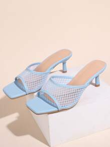 Sandalias de tacón de aguja con panel de malla para mujer, sandalias de tacón de verano a la moda