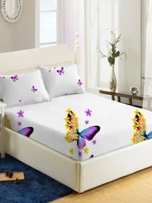 Butterfly Print Fitted Sheet Set Without Filler, Modern Bedding Set For Bedroom