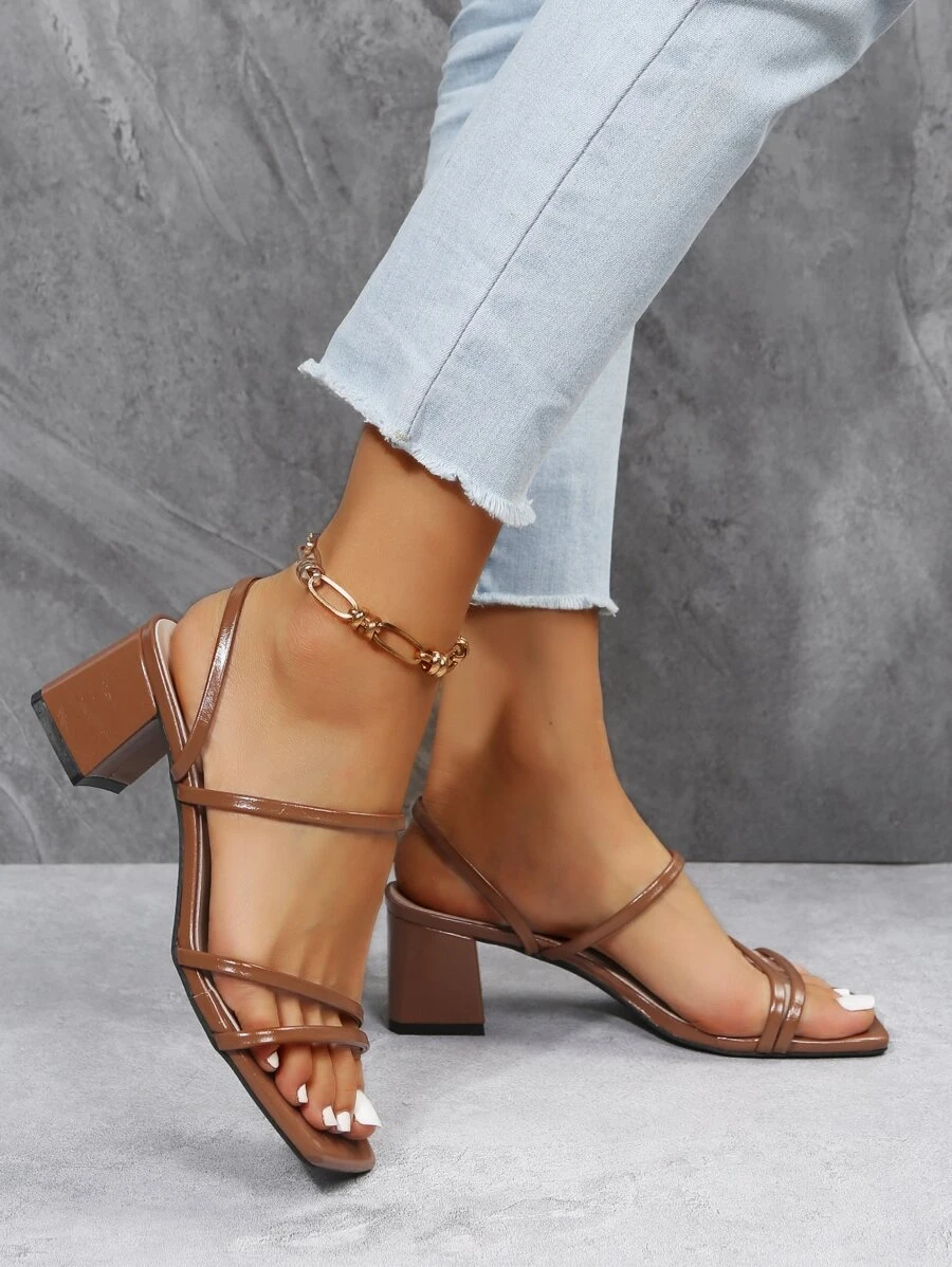 女士一脚蹬凉鞋，PU 皮革夏季新款粗跟韩版高跟户外拖鞋，黑色