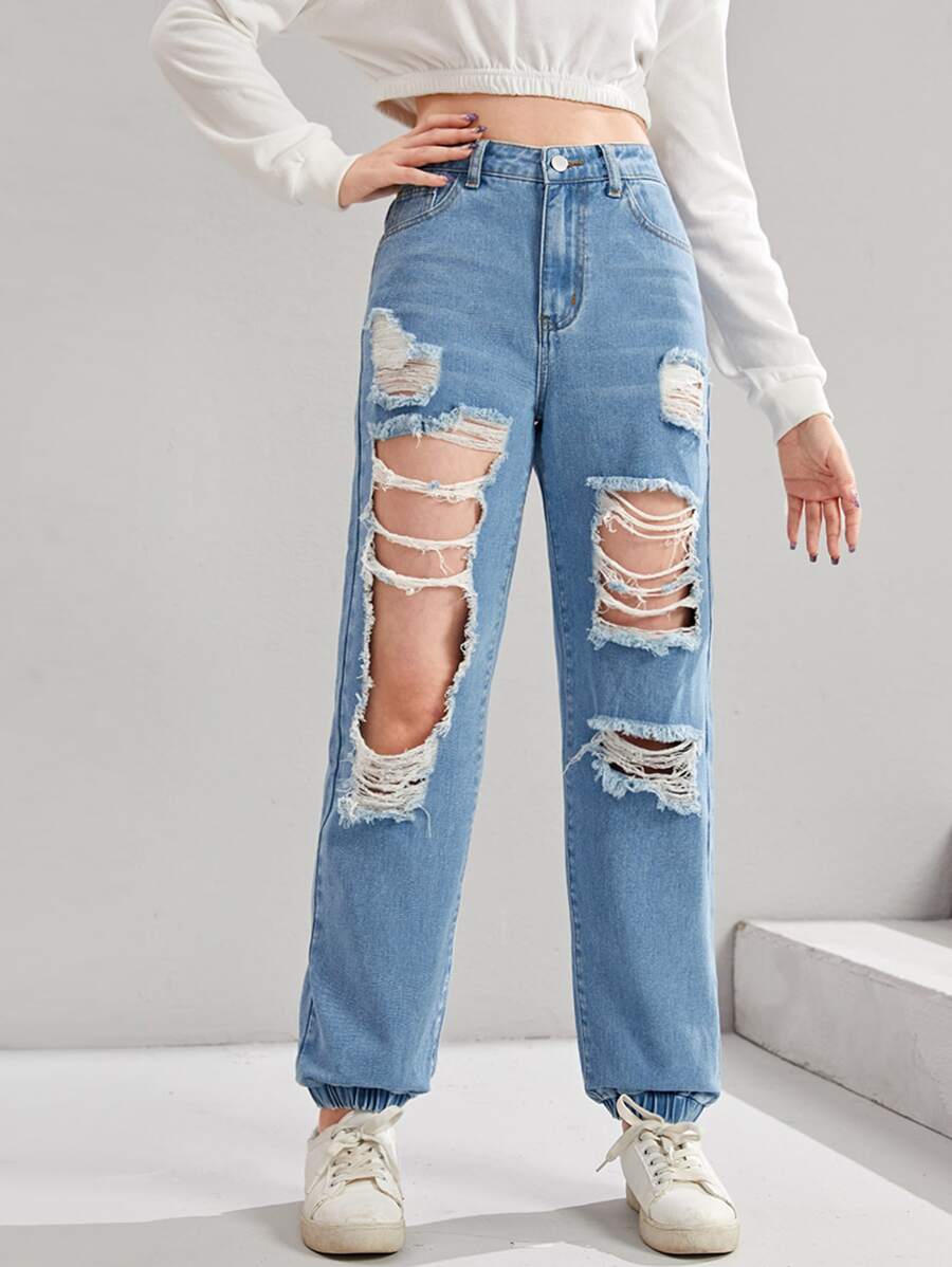 SHEIN Teen Girls Slant Pocket Ripped Cut Out Jogger Jeans - Light Wash - View 1