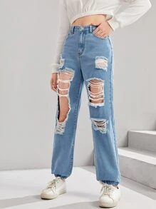 SHEIN Teen Girls Slant Pocket Ripped Cut Out Jogger Jeans - Light Wash - View 3