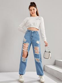 SHEIN Teen Girls Slant Pocket Ripped Cut Out Jogger Jeans - Light Wash - View 5