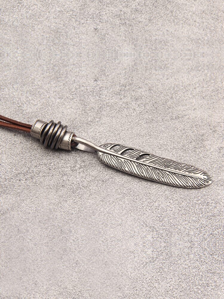 Men Feather Charm Long Necklace, For Jewelry Gift And Party - Antique Silver - View 2