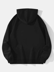 SHEIN EZwear Cartoon Graphic Kangaroo Pocket Thermal Lined Drawstring Hoodie - Black - View 2