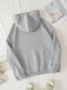 SHEIN EZwear Heart & Letter Graphic Kangaroo Pocket Drawstring Thermal Hoodie - Light Grey - View 2