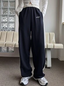 DAZY Letter Graphic Contrast Side Seam Trousers - Navy Blue - View 2