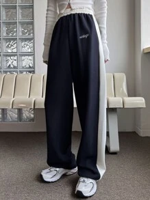 DAZY Letter Graphic Contrast Side Seam Trousers - Navy Blue - View 3