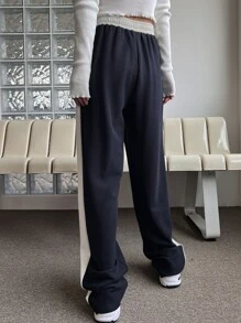 DAZY Letter Graphic Contrast Side Seam Trousers - Navy Blue - View 4