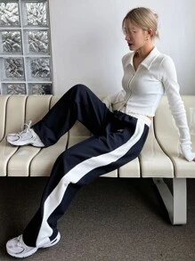 DAZY Letter Graphic Contrast Side Seam Trousers - Navy Blue - View 8