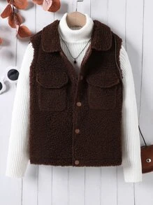 Girls Flap Pocket Teddy Vest Jacket Without Jumper - Chocolate Brown - View 1