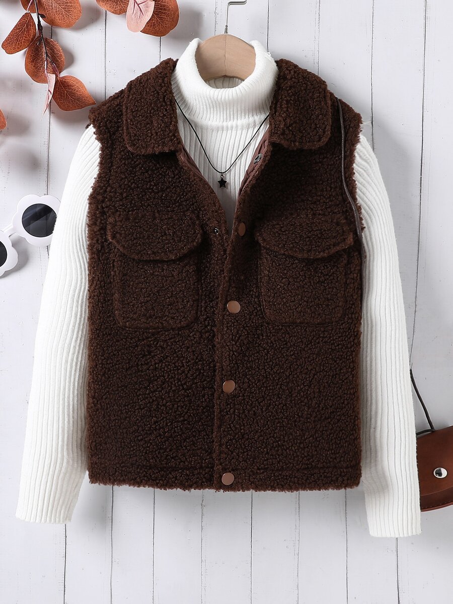 Girls Flap Pocket Teddy Vest Jacket Without Jumper - Chocolate Brown - View 1