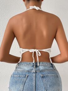 Breezaya Top tankini con patrón floral ribete con fleco halter push up de croché - Blanco - Ver 2