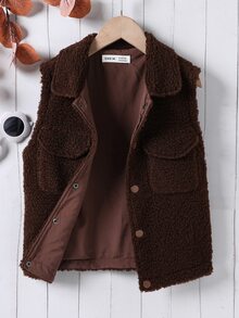 Girls Flap Pocket Teddy Vest Jacket Without Jumper - Chocolate Brown - View 5