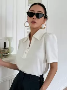 DAZY Solid Rib Knit Puff Sleeve Tee - White - View 1