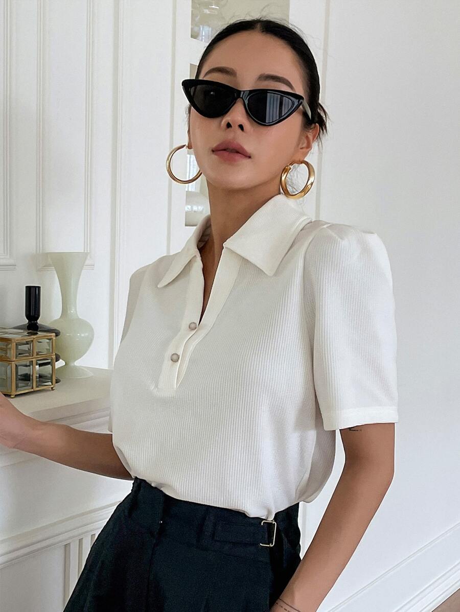 DAZY Solid Rib Knit Puff Sleeve Tee - White - View 1