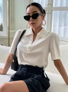 DAZY Solid Rib Knit Puff Sleeve Tee - White - View 3