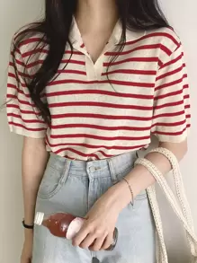 DAZY Stripe Pattern Collared Knit Top - Red and White - View 1
