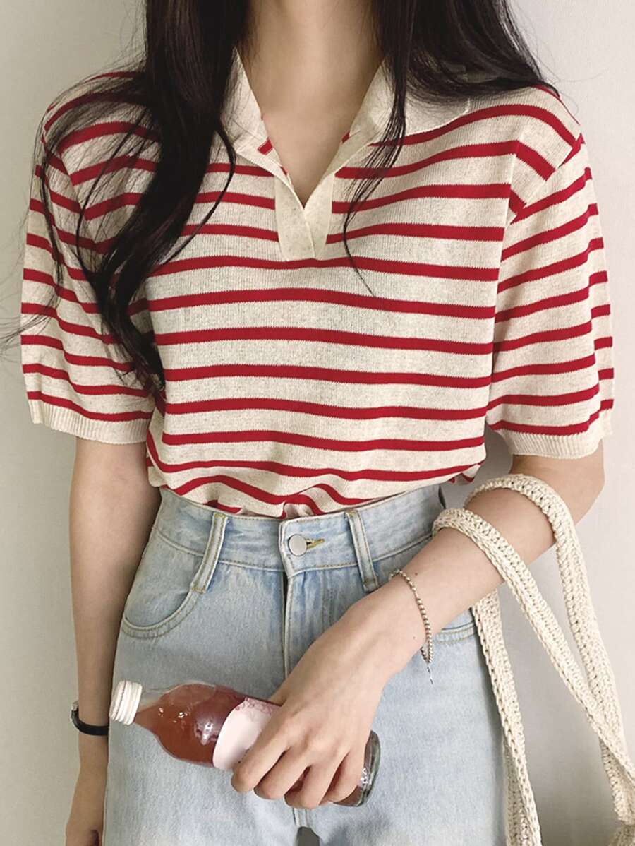 DAZY Stripe Pattern Collared Knit Top - Red and White - View 1