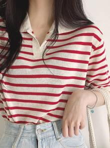 DAZY Stripe Pattern Collared Knit Top - Red and White - View 3