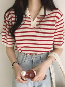 DAZY Stripe Pattern Collared Knit Top - Red and White - View 6