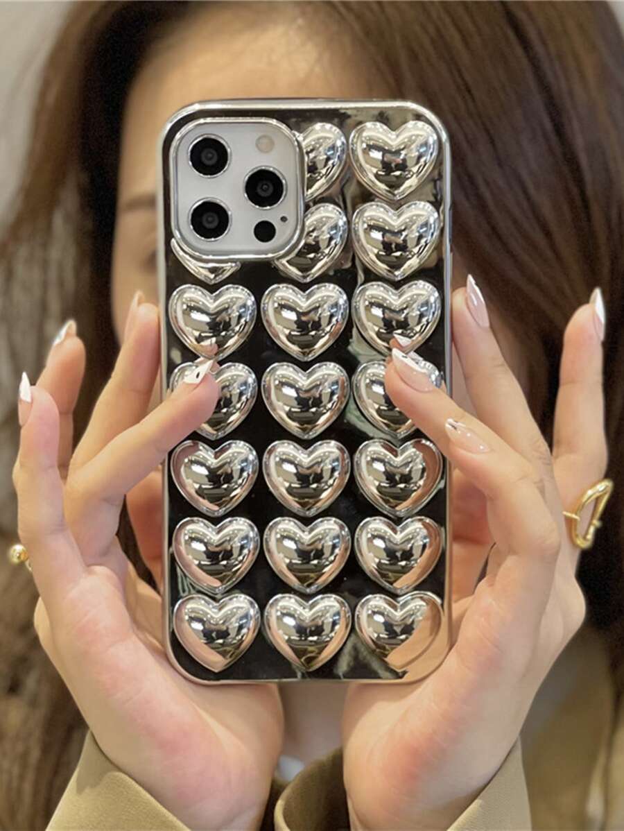 Funda de teléfono con decoración de corazón, compatible con iPhone 11, iPhone 13 y iPhone 14 Pro Max - Plateado - Ver 1