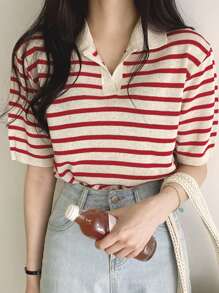 DAZY Stripe Pattern Collared Knit Top - Red and White - View 7