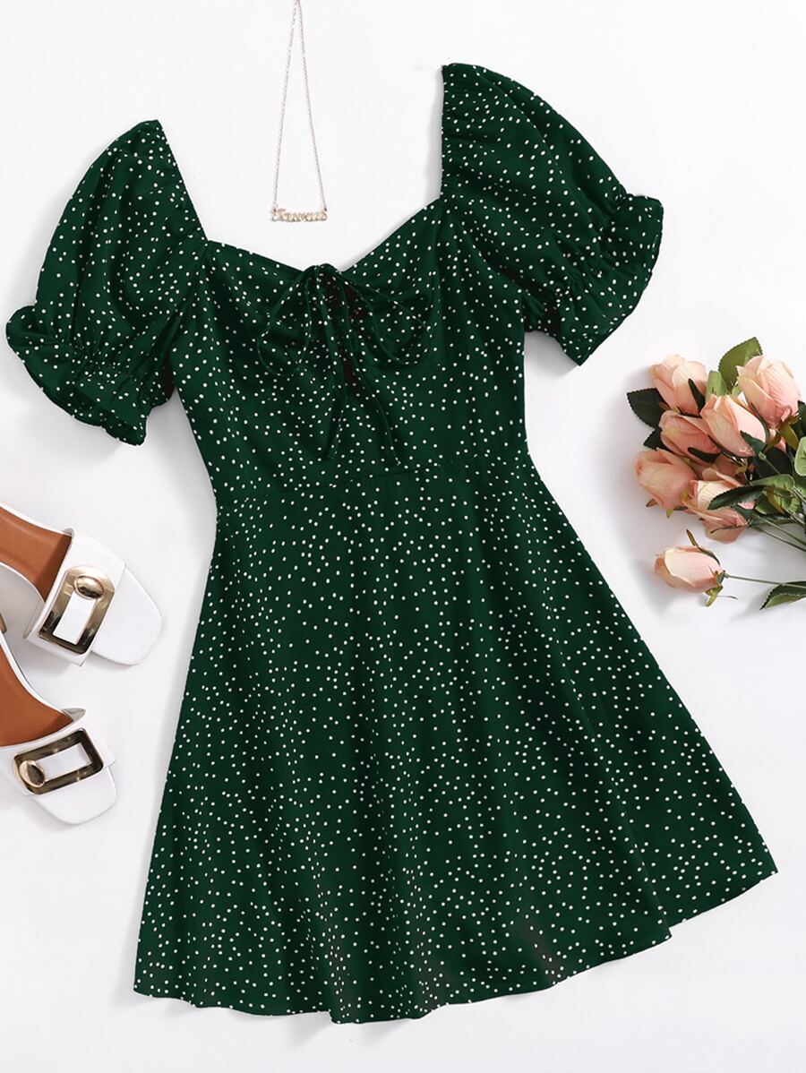 Soleia Sweetheart Neck Puff Sleeve Drawstring Ruched Dalmatian Dress - Dark Green - View 1