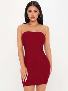 SHEIN PETITE Solid Bodycon Tube Dress Date Night Going Out Dress - Burgundy - View 1