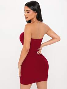 SHEIN PETITE Solid Bodycon Tube Dress Date Night Going Out Dress - Burgundy - View 2