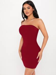 SHEIN PETITE Solid Bodycon Tube Dress Date Night Going Out Dress - Burgundy - View 4
