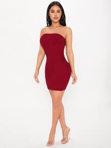 SHEIN PETITE Solid Bodycon Tube Dress Date Night Going Out Dress - Burgundy - View 6